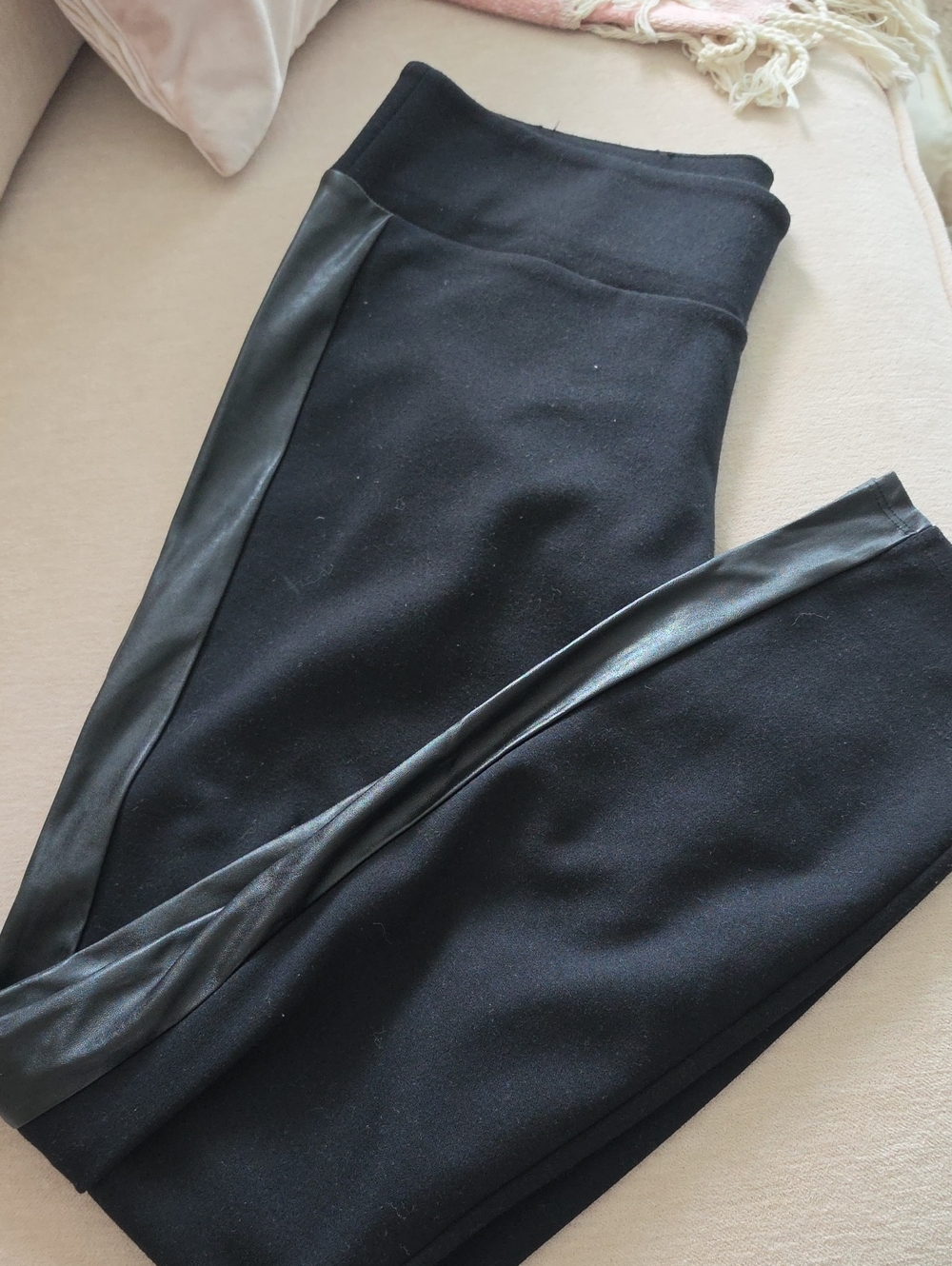 New York & Company Black Ponte Leggings with Faux-Leather Trim